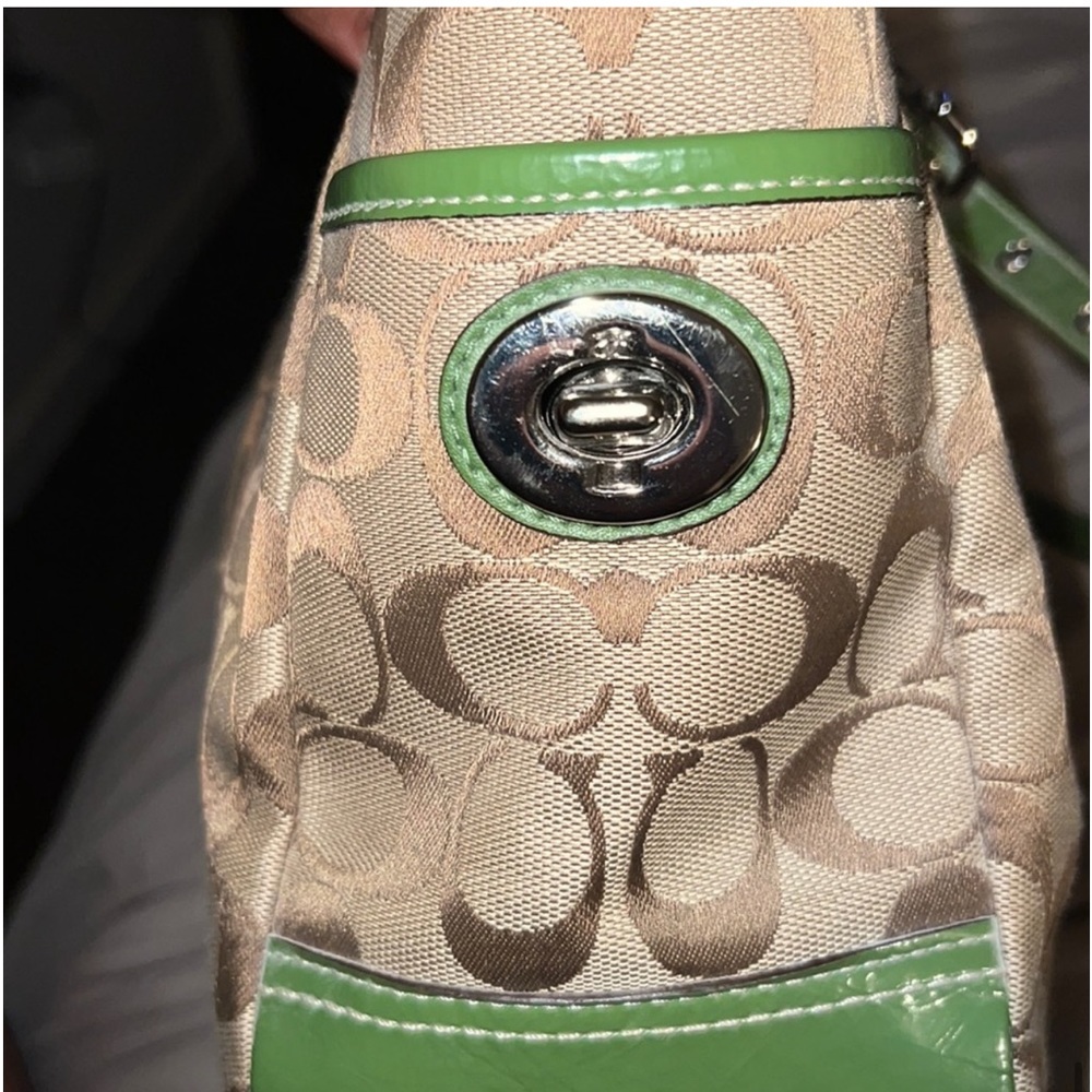 Tan with Green Leather Coach Handbag Color: Green/Tan Size: Medium NWOT - Picture 3 of 7